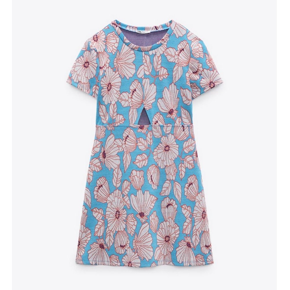 Zara Cut Out Jacquard Dress in Light Blue